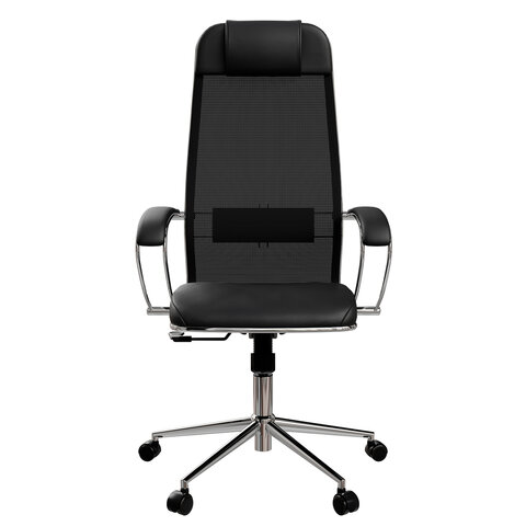 Кресло офисное МЕТТА "К-16" хром, ткань-сетка/экокожа, сиденье мягкое, черное - фото 5