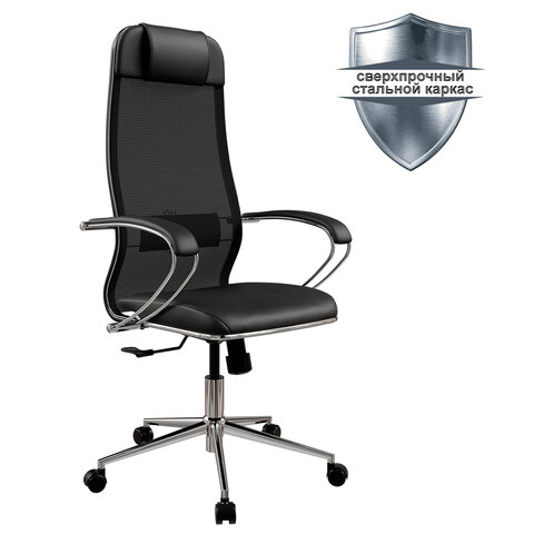 Кресло офисное МЕТТА "К-16" хром, ткань-сетка/экокожа, сиденье мягкое, черное - фото 2