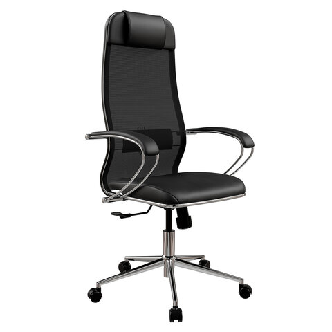 Кресло офисное МЕТТА "К-16" хром, ткань-сетка/экокожа, сиденье мягкое, черное