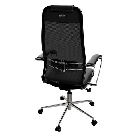 Кресло офисное МЕТТА "К-16" хром, ткань-сетка/экокожа, сиденье мягкое, черное - фото 7