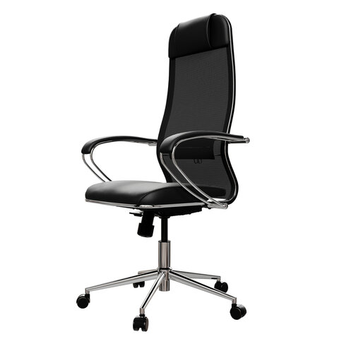 Кресло офисное МЕТТА "К-16" хром, ткань-сетка/экокожа, сиденье мягкое, черное - фото 8