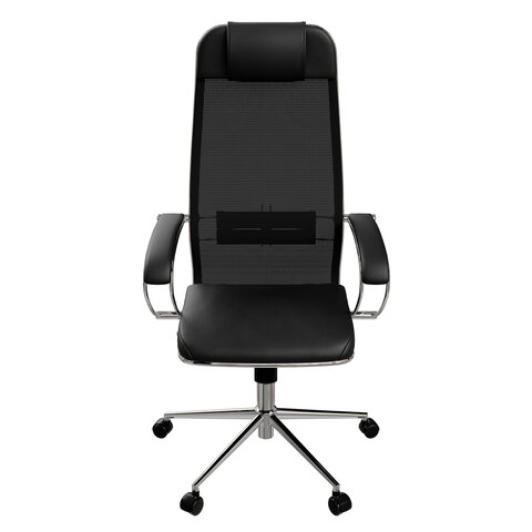 Кресло офисное МЕТТА "К-16" хром, ткань-сетка/экокожа, сиденье мягкое, черное - фото 6