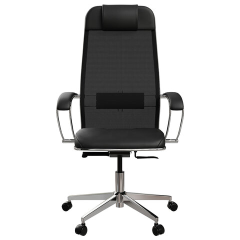 Кресло офисное МЕТТА "ErgoLife" Comfort, хром, сиденье мягкое, ткань-сетка/экокожа, черное - фото 4