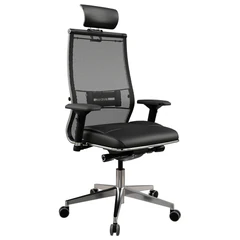 Кресло офисное МЕТТА "SAMURAI" SL-3, с подголовником, сверхпрочная ткань-сетка/экокожа, черное