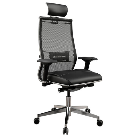 Кресло офисное МЕТТА "SAMURAI" SL-3, с подголовником, сверхпрочная ткань-сетка/экокожа, черное