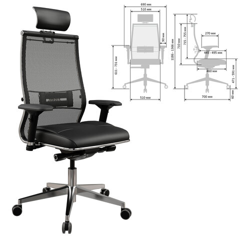 Кресло офисное МЕТТА "SAMURAI" SL-3, с подголовником, сверхпрочная ткань-сетка/экокожа, черное - фото 2