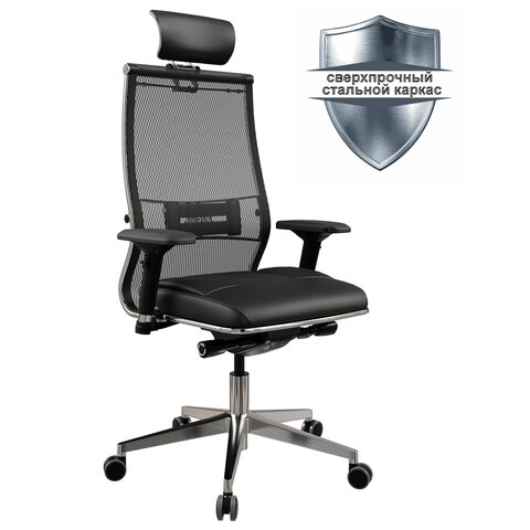 Кресло офисное МЕТТА "SAMURAI" SL-3, с подголовником, сверхпрочная ткань-сетка/экокожа, черное - фото 3