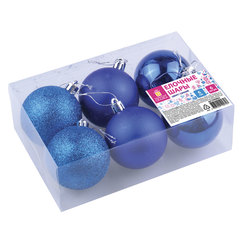 Шары ёлочные 6 шт., 6 см, &laquo;Trio&raquo;, пластик, СИНИЕ (глянец, матовый, глиттер), ЗОЛОТАЯ СКАЗКА, 590864