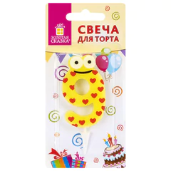 Свеча-цифра для торта &laquo;9" "С глазками&raquo;, 6 см, ЗОЛОТАЯ СКАЗКА, с держателем, в блистере, 591412