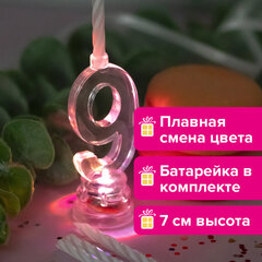 Цифра-подсвечник &laquo;9&raquo; светодиодная, ЗОЛОТАЯ СКАЗКА, в наборе 4 свечи 6 см, 1 батарейка, 591432