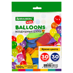 Шары воздушные 30 см, 30 штук, &laquo;ЯРКИЕ ЦВЕТА&raquo;, ассорти, BRAUBERG KIDS, 591885