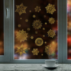 Наклейка для окон двусторонняя МНОГОРАЗОВАЯ 30&times;38 см, &laquo;Снежинки&raquo;, фольга, золото, ЗОЛОТАЯ СКАЗКА, 591927