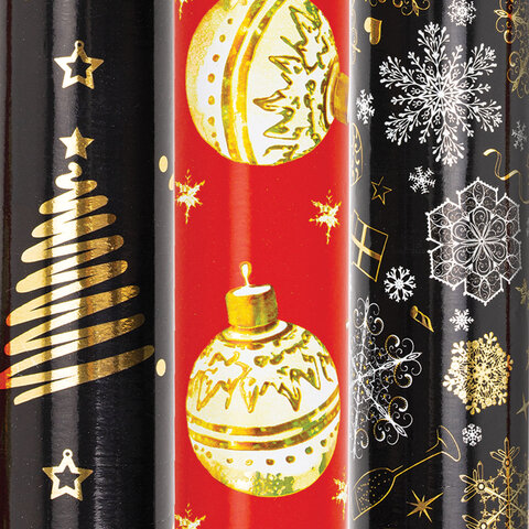 Бумага упаковочная новогодняя НАБОР 3 шт. "Black&Gold", С ЭФФЕКТАМИ, 70х100 см, ЗОЛОТАЯ СКАЗКА, 592190