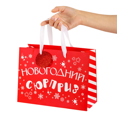 Пакет подарочный (1 шт.) новогодний, 27х11х20 см, "Новогодний подарок", ламинация, ассорти, ЗОЛОТАЯ СКАЗКА, 592449 - фото 7