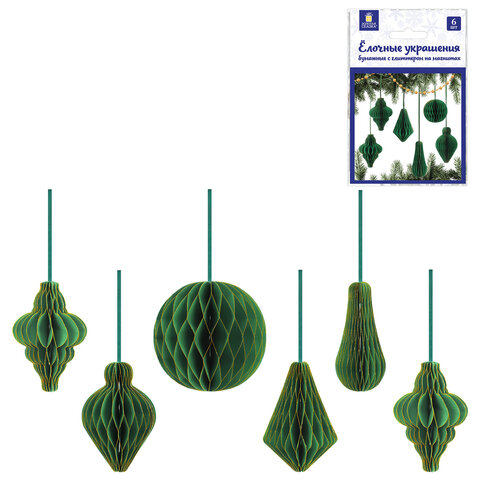 Елочные украшения из бумаги, НАБОР 6 шт., с глиттером, цвет изумрудный, ЗОЛОТАЯ СКАЗКА, 592541