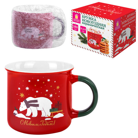 Кружка новогодняя 380 мл, "Белый мишка", 9,5х9 см, каменная керамика, ЗОЛОТАЯ СКАЗКА, 592542