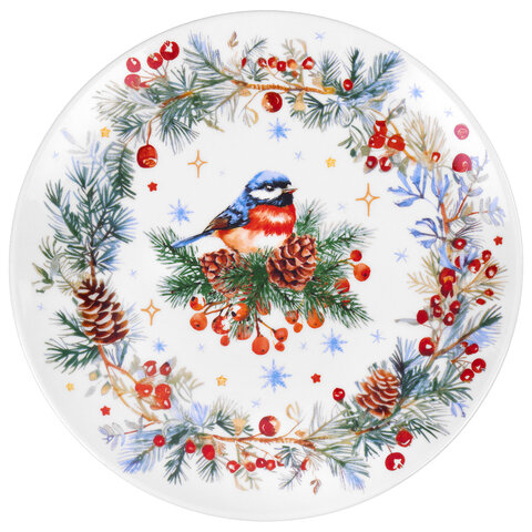 Тарелка сервировочная новогодняя 23 см, "Снегирь", каменная керамика, ЗОЛОТАЯ СКАЗКА, 592549 - фото 2