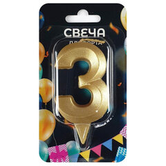 Свеча-цифра для торта &laquo;3&raquo; форма ГРАНЬ золото, 7 см, на ножке, в блистере, 1701