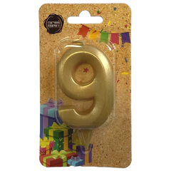 Свеча-цифра для торта "9", форма ГРАНЬ, золото, 7 см, на ножке, в блистере, 1707
