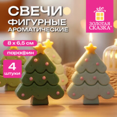 Фигурная свеча новогодняя в форме елочки НАБОР 4 шт., 8 см, парафин, 2 цвета, ЗОЛОТАЯ СКАЗКА, 593006