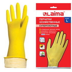 Перчатки МНОГОРАЗОВЫЕ латексные LAIMA &laquo;ПРЕМИУМ&raquo;, хлопчатобумажное напыление, СВЕРХПЛОТНЫЕ, размер 8-9, L (большой), желтые, вес 65 г, 600272