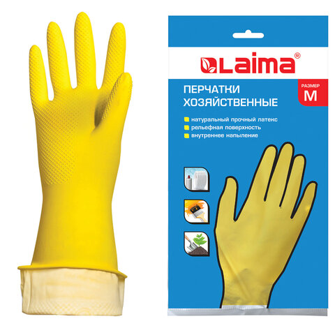 Перчатки хозяйственные латексные LAIMA "Стандарт", МНОГОРАЗОВЫЕ, х/б напыление, размер М (средний), 