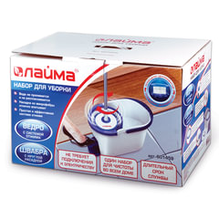 Швабра с отжимом и ведром 11л/<wbr/>5л, центрифуга, отжим педалью, круглая насадка липучка, бело-синий, LAIMA, 601459