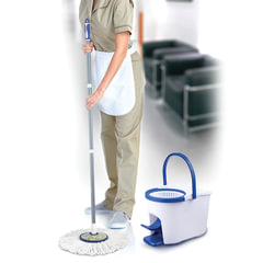 Швабра с отжимом и ведром 11л/<wbr/>5л, центрифуга, отжим педалью, круглая насадка липучка, бело-синий, LAIMA, 601459