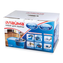 Швабра с отжимом и ведром 14л/<wbr/>5л, отжим центрифуга / рукоятка, 2 круглые насадки, крепление кольцо, синий, LAIMA, 601460