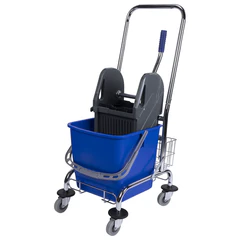 Тележка уборочная BRABIX, 1 съемное ведро 25 л, механический отжим, корзина, металлический каркас, синяя, 601498