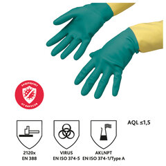 Перчатки МНОГОРАЗОВЫЕ латексные VILEDA, х/<wbr/>б напыление, СВЕРХПРОЧНЫЕ (неопрен), размер 7,5-8, M (средний), зелено-желтые, вес 120 г, 174305