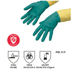 Перчатки МНОГОРАЗОВЫЕ латексные VILEDA, х/<wbr/>б напыление, СВЕРХПРОЧНЫЕ (неопрен), размер 8,5-9, L (большой), зелено-желтые, вес 125 г, 174307