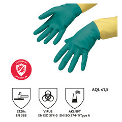 Перчатки МНОГОРАЗОВЫЕ латексные VILEDA, х/<wbr/>б напыление, СВЕРХПРОЧНЫЕ (неопрен), размер 9,5-10, XL (оч большой), зелено-желтые, 130 г, 174309