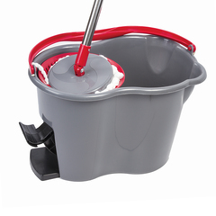 Швабра с отжимом и ведром 14л/<wbr/>7л, центрифуга отжим педалью, 2 круглые насадки, крепление кольцо, серо-красный, LAIMA, 603622
