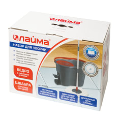 Швабра с отжимом и ведром 14л/<wbr/>7л, центрифуга отжим педалью, 2 круглые насадки, крепление кольцо, серо-красный, LAIMA, 603622