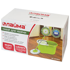 Швабра с отжимом и ведром 7л/<wbr/>5л, отжим центрифуга / рукоятка, 2 круглые насадки, крепление кольцо, зеленый, LAIMA 603624