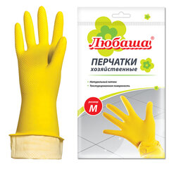 Перчатки МНОГОРАЗОВЫЕ латексные ЛЮБАША &laquo;ЭКОНОМ&raquo;, хлопчатобумажное напыление, размер 7-8, M (средний), желтые, вес 30 г, 603784