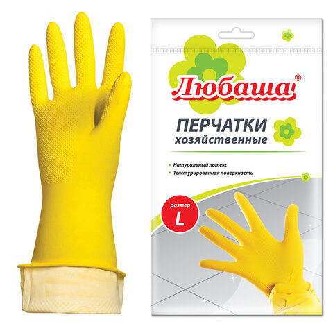 Перчатки МНОГОРАЗОВЫЕ латексные ЛЮБАША "ЭКОНОМ", хлопчатобумажное напыление, размер 8-9, L (большой), желтые, вес 32 г, 603785