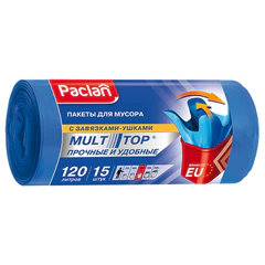 Мешки для мусора 120 л, с ушками, синие, в рулоне 15 шт., ПВД, 24 мкм, 70&times;110 см, PACLAN &laquo;Multitop&raquo;
