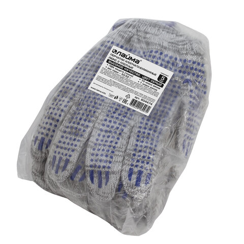 Перчатки хлопчатобумажные, КОМПЛЕКТ 5 ПАР, 10 класс, 50-52 г, 133 текс, ПВХ-точка, LAIMA ЛЮКС 2, СЕР