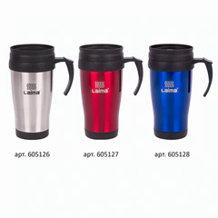 Автокружка 400 мл, термостакан с ручкой, винтовая крышка-клапан, пластик/<wbr/>сталь, серебро, LAIMA, 605126