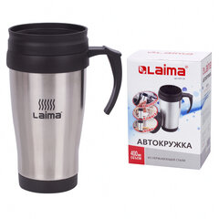 Автокружка 400 мл, термостакан с ручкой, винтовая крышка-клапан, пластик/<wbr/>сталь, серебро, LAIMA, 605126