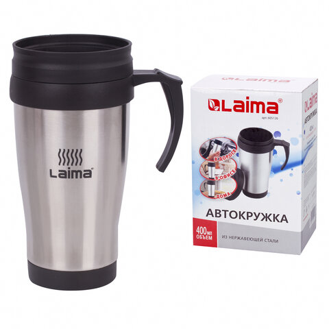 Автокружка 400 мл, термостакан с ручкой, винтовая крышка-клапан, пластик/сталь, серебро, LAIMA, 605126