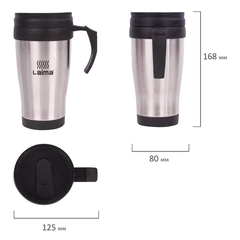 Автокружка 400 мл, термостакан с ручкой, винтовая крышка-клапан, пластик/<wbr/>сталь, серебро, LAIMA, 605126