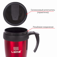 Автокружка 400 мл, термостакан с ручкой, винтовая крышка-клапан, пластик/<wbr/>сталь, красная, LAIMA, 605127