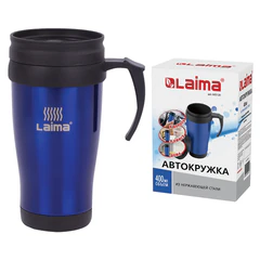 Автокружка 400 мл, термостакан с ручкой, винтовая крышка-клапан, пластик/<wbr/>сталь, синяя, LAIMA, 605128.