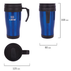 Автокружка 400 мл, термостакан с ручкой, винтовая крышка-клапан, пластик/<wbr/>сталь, синяя, LAIMA, 605128.