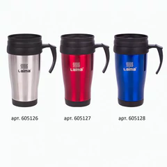 Автокружка 400 мл, термостакан с ручкой, винтовая крышка-клапан, пластик/<wbr/>сталь, синяя, LAIMA, 605128.