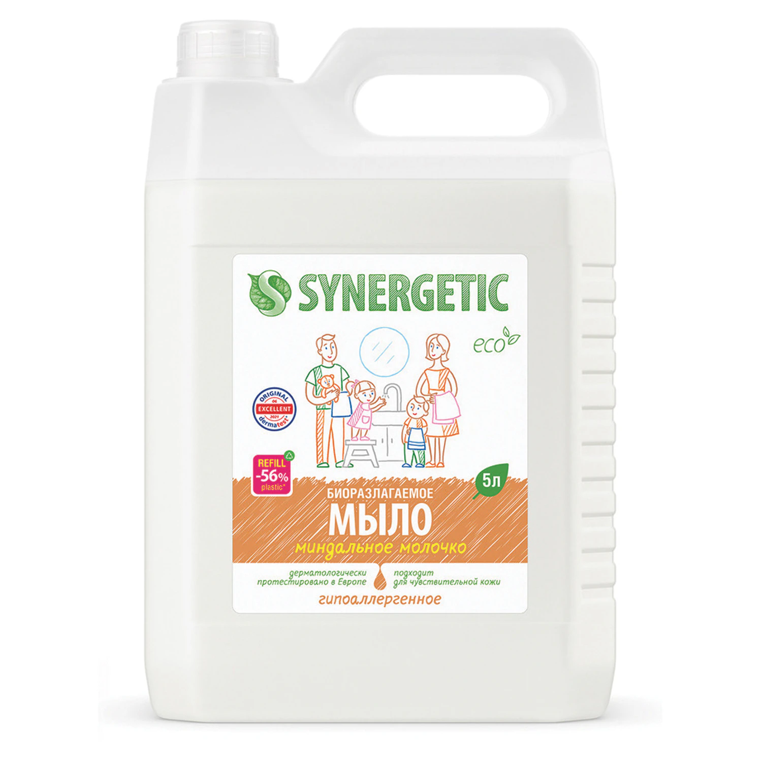 Мыло жидкое 5 л SYNERGETIC "Миндальное молочко", гипоаллергенное, биоразлагаемое