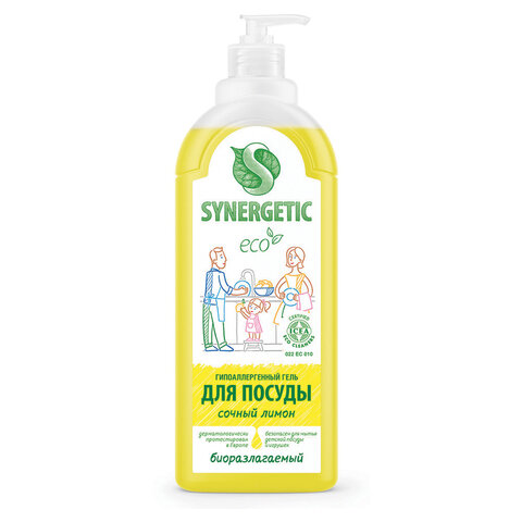 Гель для мытья посуды антибактериальный 1 л, SYNERGETIC "Лимон", флип-топ, 103101